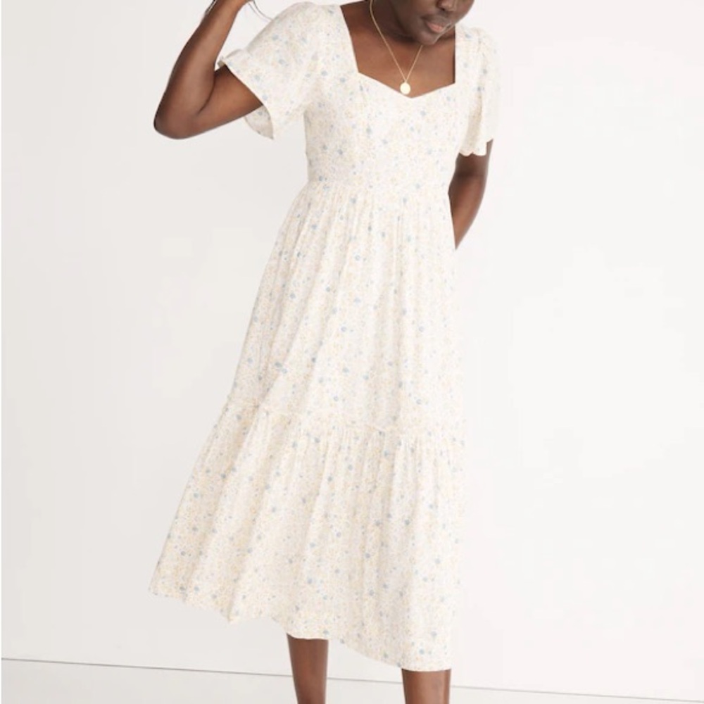 Madewell Flutter-Sleeve Tiered Maxi Dress in Folkmagic Floral in Cool Fog